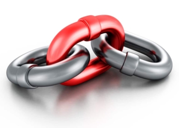 Chrome metallic chain with red link on white background. 3d render illustration