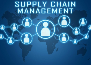 Supply Chain Management concept on blue background with world map and social icons.