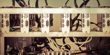Cryptocurrency background (mining rig), Cryptocurrency mining rig using graphic cards to mine for digital cryptocurrency such as bitcoin, ethereum and other altcoins.