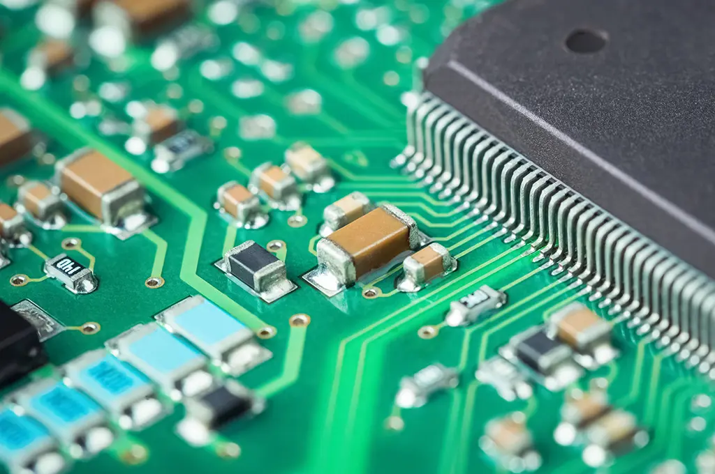 electronic board closeup , microelectronics and semiconductors industry background