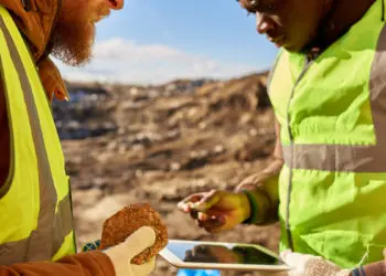 Mid-section portrait of two industrial workers wearing reflective jackets, one of them African, inspecting mineral ore on site outdoors and using digital tablet