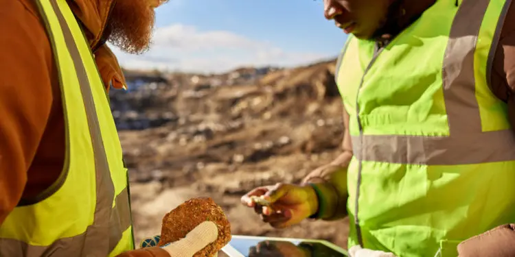 Mid-section portrait of two industrial workers wearing reflective jackets, one of them African, inspecting mineral ore on site outdoors and using digital tablet