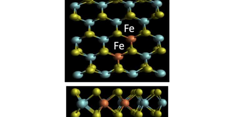 A ferromagnetic semiconductor semiconductor two-atoms thick. The green, blue, and red spheres are sulfur, molybdenum and iron atoms, respectively.
Credit: Stevens Institute of Technology