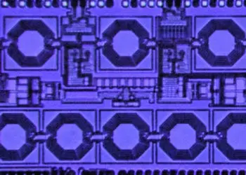 Microphotograph of the Columbia Engineering single-chip circulator with watt-level power handling. Photo Credit: Aravind Nagulu
