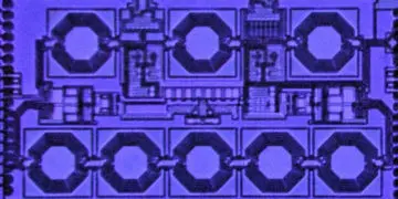 Microphotograph of the Columbia Engineering single-chip circulator with watt-level power handling. Photo Credit: Aravind Nagulu