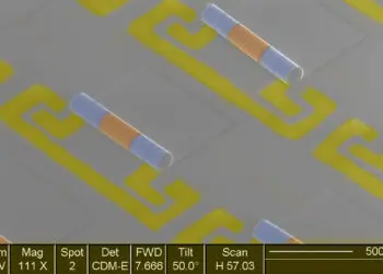 This electron microscope image shows an array of new chip components that combine the inductors (blue) and capacitors (yellow) needed to make electronic signal filters in phones and other wireless devices. Source: Xiuling Li