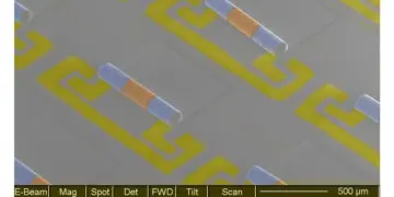 This electron microscope image shows an array of new chip components that combine the inductors (blue) and capacitors (yellow) needed to make electronic signal filters in phones and other wireless devices. Source: Xiuling Li