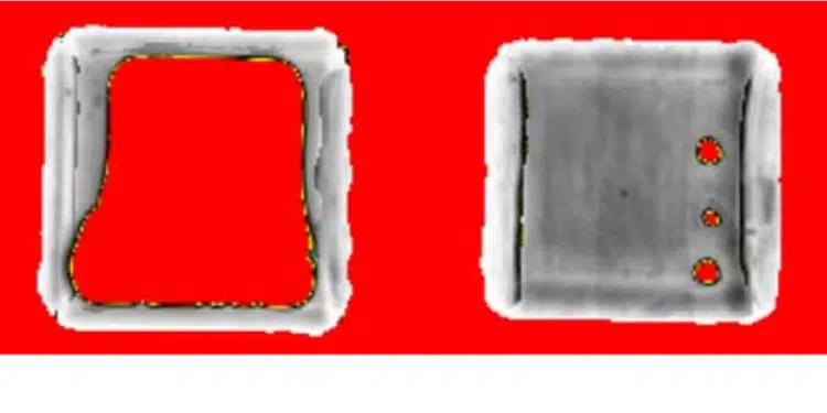 Ceramic chip capacitors analyzed using the Bulk Scan imaging technique.
Source: Nordson Sonoscan