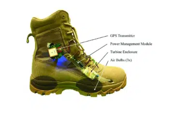 Prototype combat boot fitted with energy harvesting system; Source MIT    DOI: 10.3390/mi9050244