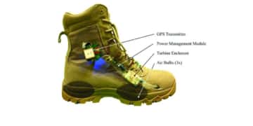 Prototype combat boot fitted with energy harvesting system; Source MIT    DOI: 10.3390/mi9050244