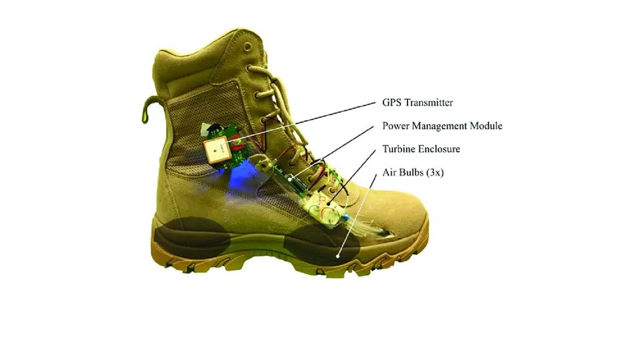 Prototype combat boot fitted with energy harvesting system; Source MIT    DOI: 10.3390/mi9050244
