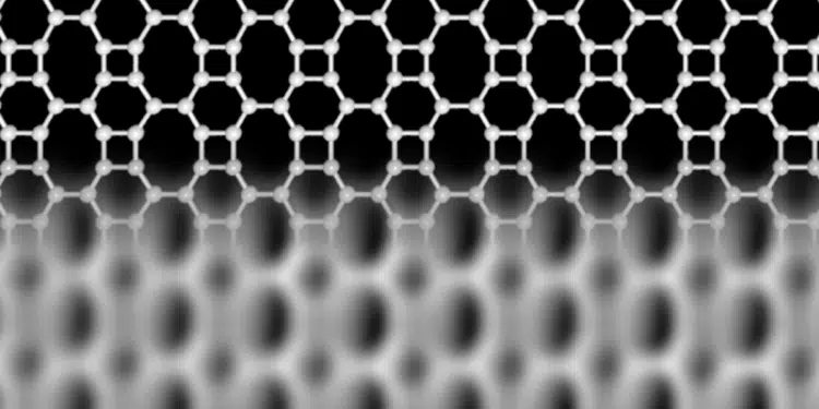 Structure of the new network. The upper part schematically shows how the carbon atoms link as squares, hexagons, & octagons. The lower part is an image of the network, obtained with high resolution microscopy. Credit: University Marburg & Aalto University