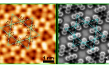 The star-like ‘kagome’ molecular structure of the 2D metal-organic material results in strong electronic interactions and non-trivial magnetic properties (left: STM image, right: non-contact AFM). credit: Monash University