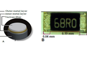 Silver coated Vectran (Liberator® 40) (A), 68 Ω Cermet resistor SMD (B)