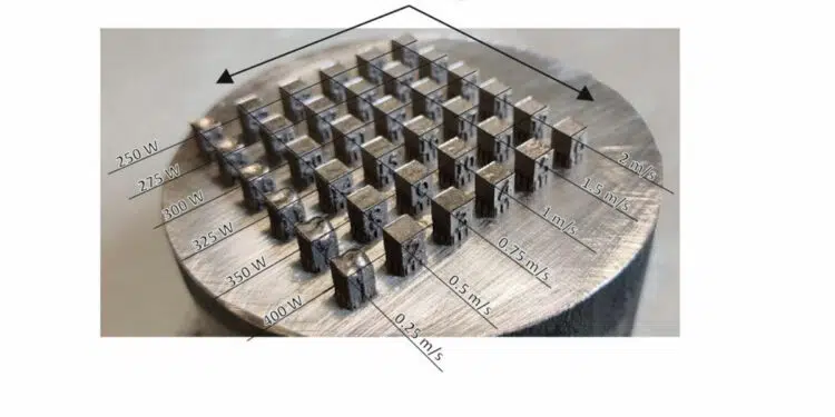 A set of printed sample cubes showcasing the effects of laser power and print speed on the magnetic core structures. Image source: Tallinn University of Technology