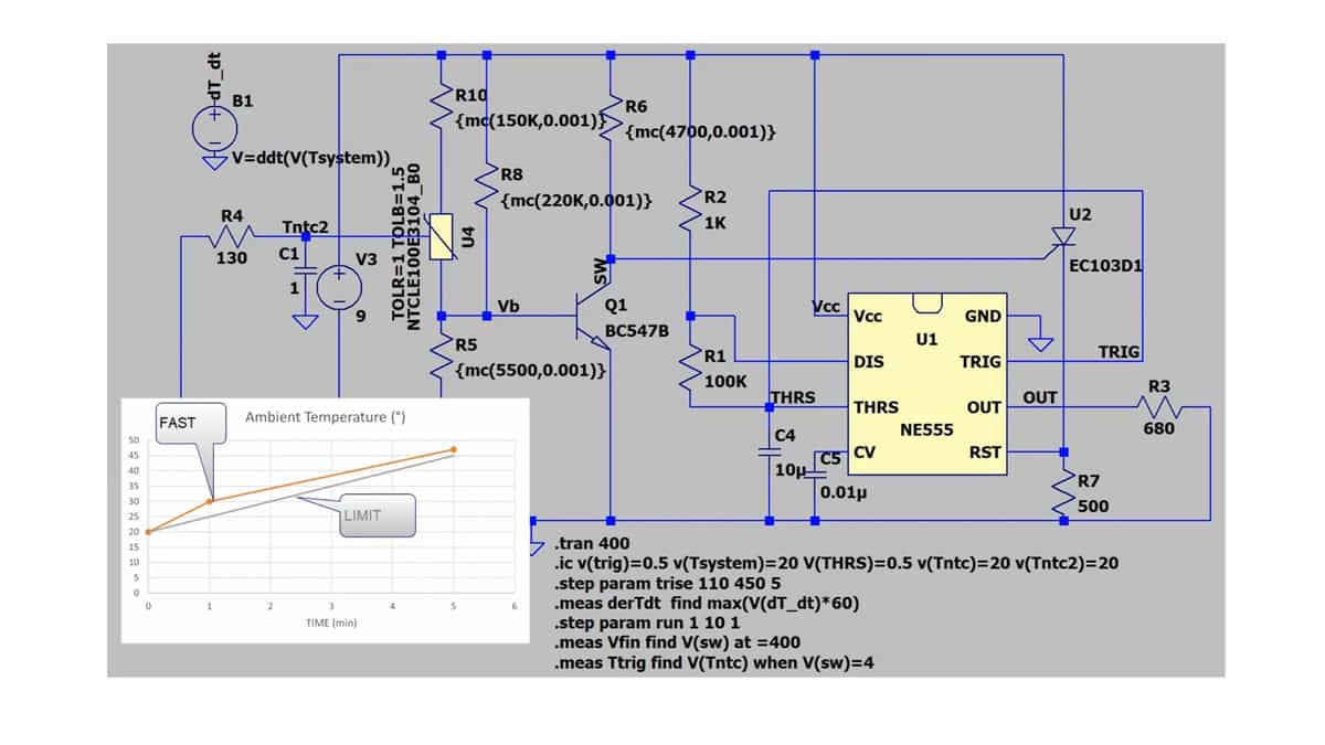 NTC Thermistor in Fire Alarm Application LTSpice Simulation