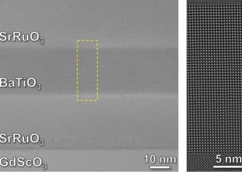 Electron microscope images show the precise atom-by-atom structure of a barium titanate (BaTiO3) thin film sandwiched between layers of strontium ruthenate (SrRuO3) metal to make a tiny capacitor. (Credit: Lane Martin/Berkeley Lab)