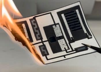 An electronic circuit printed on paper could be a more flexible and disposable option for single-use electronics.
Credit: Adapted from ACS Applied Materials & Interfaces 2022, DOI: 10.1021/acsami.2c13503