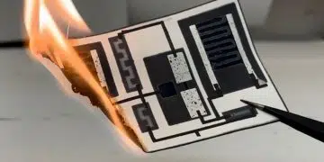 An electronic circuit printed on paper could be a more flexible and disposable option for single-use electronics.
Credit: Adapted from ACS Applied Materials & Interfaces 2022, DOI: 10.1021/acsami.2c13503