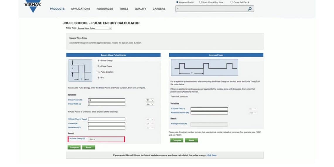 Vishay Presents Pulse Energy Calculator