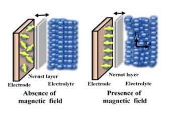 Schematic illustration of the Nernst layer decrement under a magnetic environment; source: https://doi.org/10.1063/5.0134593
