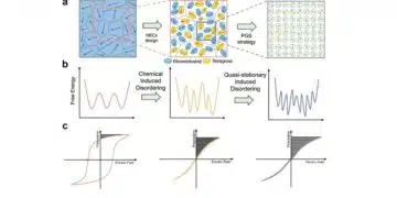 Comparative display of a grain size and domain structure; b free energy; c P-E loops after high-entropy ceramics (HECs) and PGS design. source: Nature Communications  ISSN 2041-1723