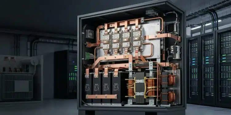 onsemi solid-state transformer concept for 800 V HVDC AI data center power conversion with SiC modules, DC-link capacitors and high-frequency magnetics