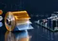 Metallized film capacitor winding with PEN, PET and polypropylene dielectric film layers shown in a power-electronics supply-chain concept