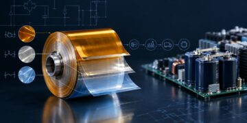 Metallized film capacitor winding with PEN, PET and polypropylene dielectric film layers shown in a power-electronics supply-chain concept