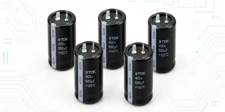 TDK B43657 and B43658 ultra-compact snap-in aluminum electrolytic capacitors for 500 V DC power-supply and DC-link applications