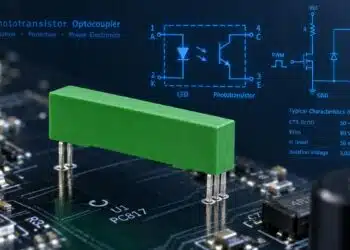 TT Electronics OPI1268T green through-hole phototransistor optocoupler used for optical isolation in power systems.
