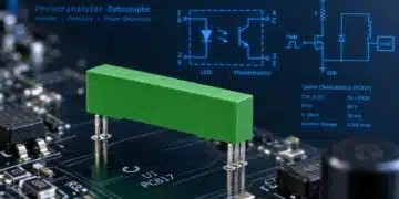 TT Electronics OPI1268T green through-hole phototransistor optocoupler used for optical isolation in power systems.