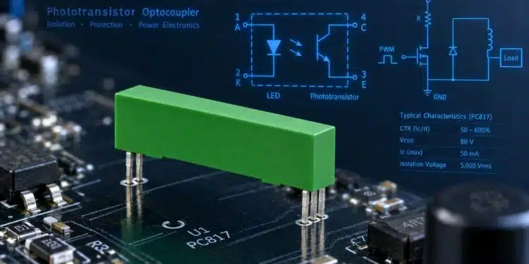 TT Electronics OPI1268T green through-hole phototransistor optocoupler used for optical isolation in power systems.