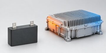 Conceptual Toray heat-resistant film capacitor beside an inverter cooling structure.