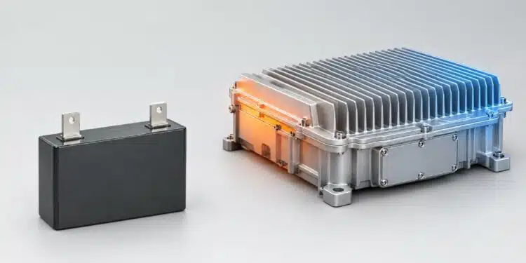 Conceptual Toray heat-resistant film capacitor beside an inverter cooling structure.