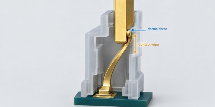 Conceptual Samtec connector contact illustration showing a deflected spring beam and sliding mating surfaces.