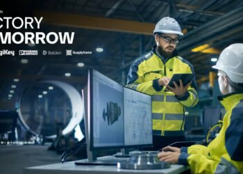 DigiKey Factory Tomorrow Season 6 graphic illustrating AI-ready industrial connectivity, data infrastructure and smart manufacturing networks.