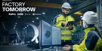 DigiKey Factory Tomorrow Season 6 graphic illustrating AI-ready industrial connectivity, data infrastructure and smart manufacturing networks.