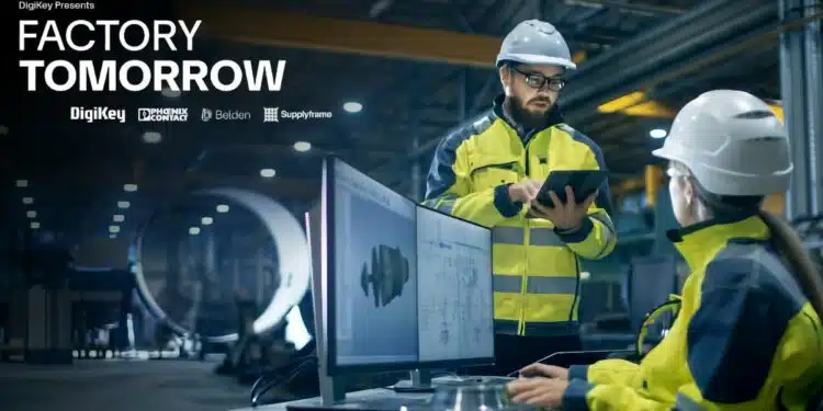 DigiKey Factory Tomorrow Season 6 graphic illustrating AI-ready industrial connectivity, data infrastructure and smart manufacturing networks.