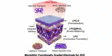Schematic of the step-wise LPG/LPG@MnOx/LPG-O functionally graded thick cathode for a zinc-ion hybrid capacitor, Hefei Institutes of Physical Science.
