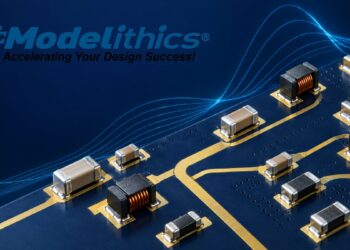 Conceptual illustration for Modelithics COMPLETE 26.5 showing RF capacitors, inductors and resistors on a microwave PCB.