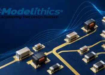 Conceptual illustration for Modelithics COMPLETE 26.5 showing RF capacitors, inductors and resistors on a microwave PCB.
