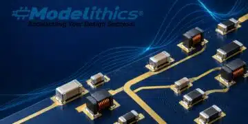 Conceptual illustration for Modelithics COMPLETE 26.5 showing RF capacitors, inductors and resistors on a microwave PCB.