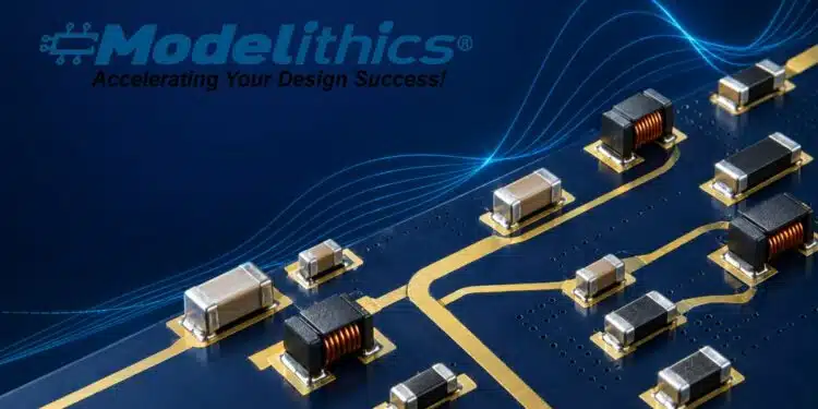 Conceptual illustration for Modelithics COMPLETE 26.5 showing RF capacitors, inductors and resistors on a microwave PCB.