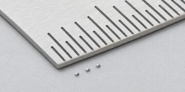 Conceptual illustration of a Murata NCU01 surface-mount NTC thermistor beside densely arranged electronic components