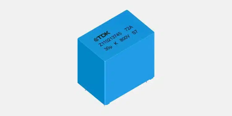TDK B3272 series boxed DC-link film capacitors with radial leads for automotive and industrial power-electronics applications