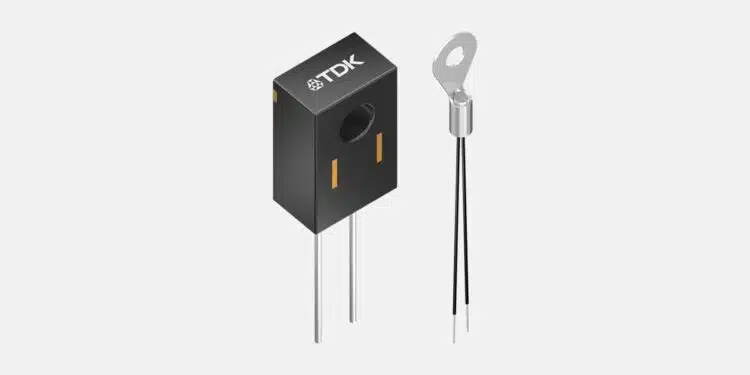 TDK M704 and M705 NTC temperature sensors with a leaded plastic housing and metal-tag ring-lug assembly