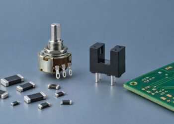 Concept illustration of TT Electronics resistor and sensing technologies with chip resistors, a shaft potentiometer and a slotted optical sensor
