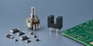 Concept illustration of TT Electronics resistor and sensing technologies with chip resistors, a shaft potentiometer and a slotted optical sensor