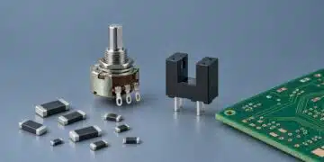 Concept illustration of TT Electronics resistor and sensing technologies with chip resistors, a shaft potentiometer and a slotted optical sensor